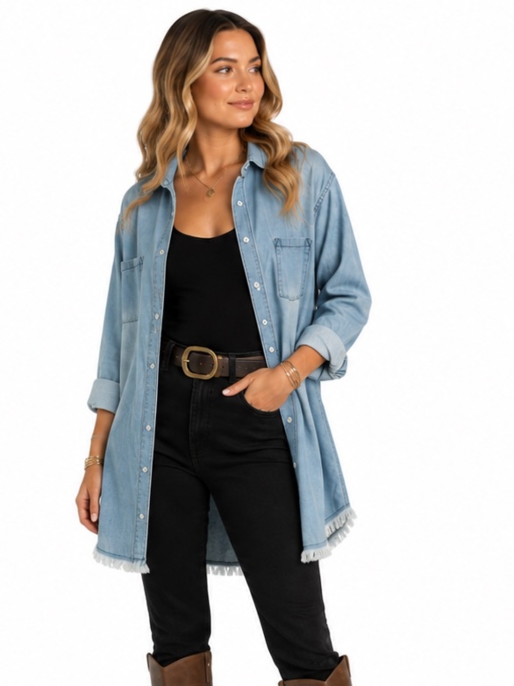 Zilcremo XL Light Wash Denim Chambray Shirt Dress Frayed Hem Oversized